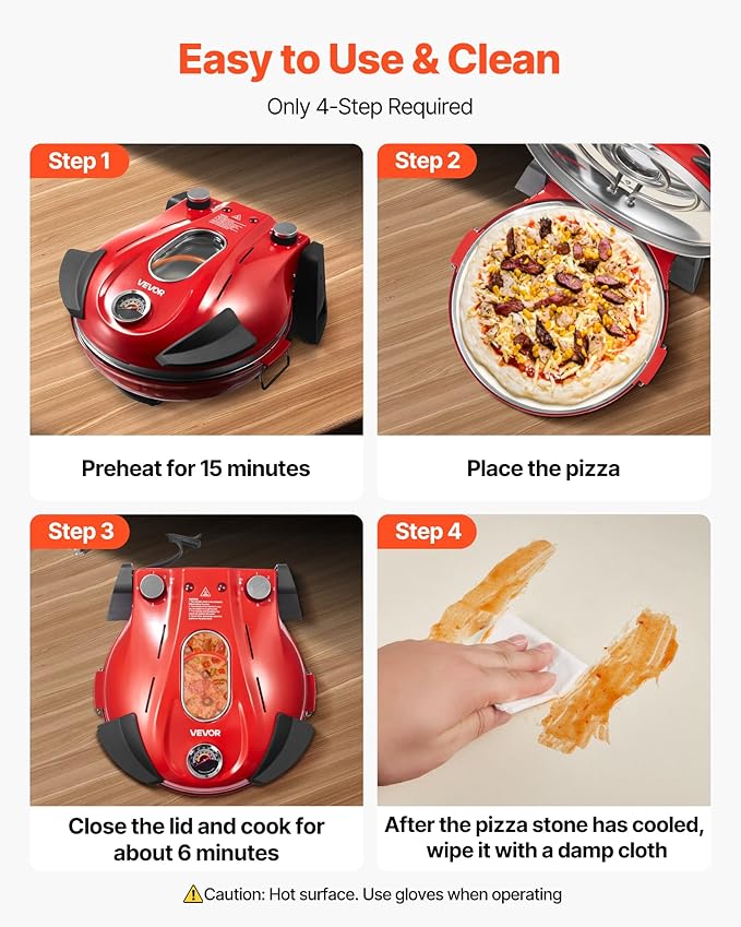 VEVOR Pizza Oven, 12 in Electric Pizza Maker, 1200W Electric Pizzas Cooker with Cordierite Stone, 5-Mode Temperature Control, Viewing Window for Precise Cooking, Heats up to 788 ˚F, for Home (Red)