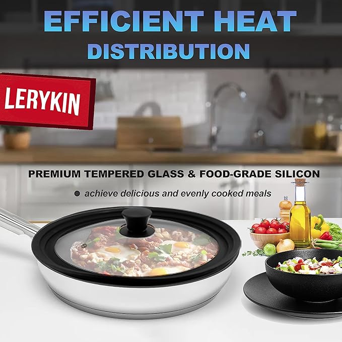 Tempered Glass Lid - Universal Lid with Heat Resistant Silicone Rim for Pots, Pans and Skillets - Pan Cover Replacement Lid Fits 8", 8.5" and 9.5" Diameter Cookware