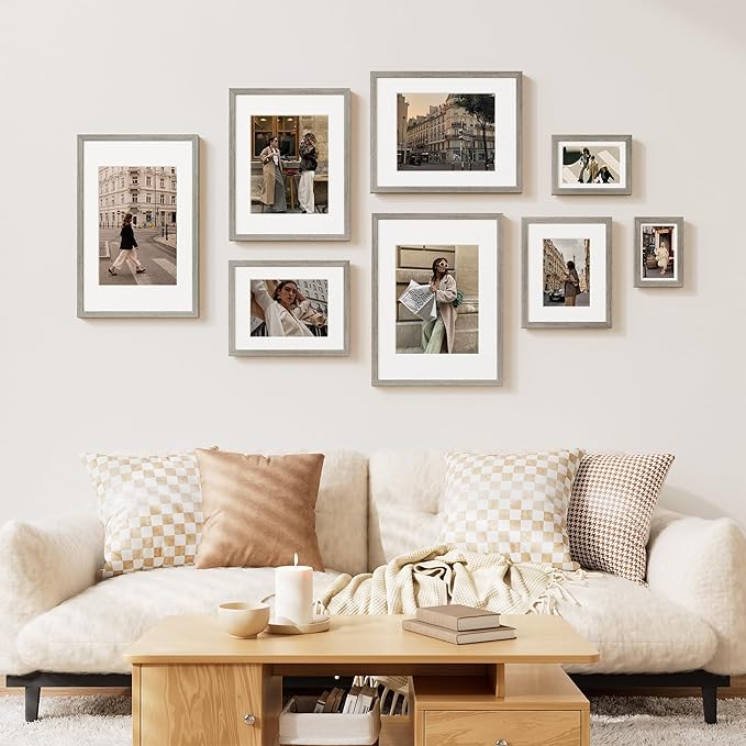 Vittanly 8x10 Picture Frame Set of 2, Solid Wood Frame for Wall or Tabletop, Display Photo 5x7 with Mat or 8x10 without Mat, Grey