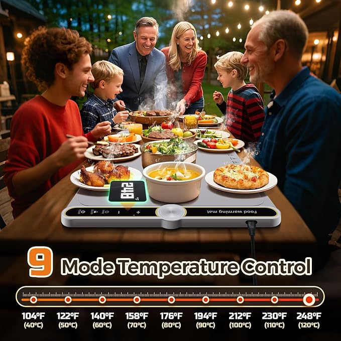 Warming Mat for Food - Extra Large 32"x15" Electric Warming Tray Warm 8 Dishes, 9-Temperature Adjustable, 1-6H Timer, Child Lock, 8s Fast Heating, Foldable Food-Grade Silicone Design