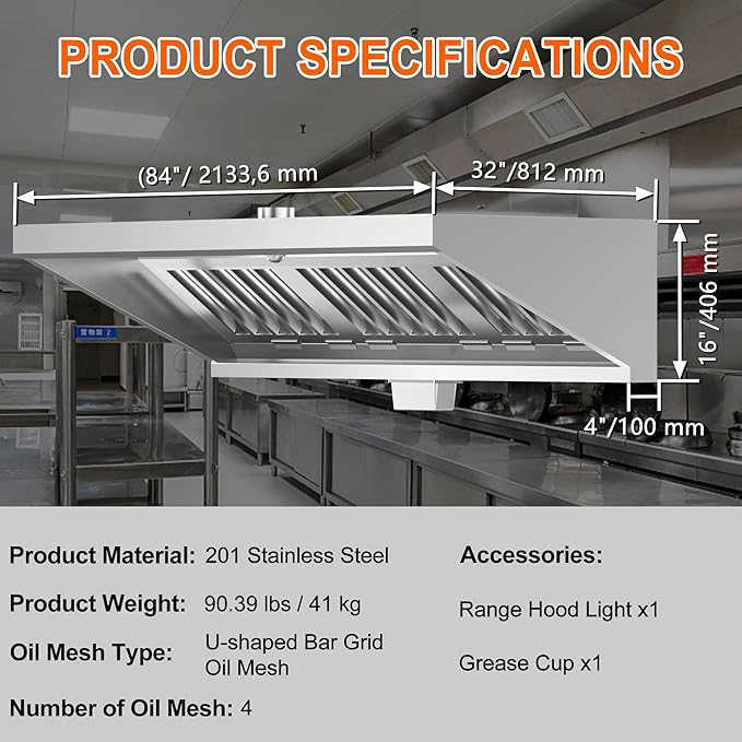 Food Truck Low Profile Exhaust Hood System Includes a 7FT Stainless Steel Commercial Exhaust Hood and an 0.5HP Restaurant Canopy Hood Grease Rated Exhaust Fan