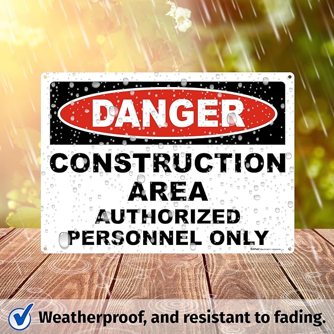 Brimar 14"x10" Danger Construction Area Safety Sign - Aluminum, Weatherproof, Clear Rules and Guidelines, Essential Safety Signage for Construction Sites.