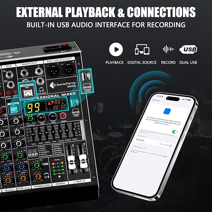 6 Channel Audio Mixer, 99 DSP Sound Board Console with 48V Phantom Power, Professional DJ Mixer for Podcasting, Streaming, Studio Recording (SMX6)