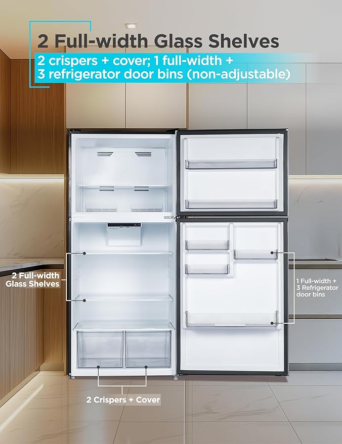 BLACK+DECKER 20.1 Cu. Ft. Top Mount Refrigerator with Freezer, 2 Door Fridge with Top Freezer and Adjustable Temperature Control, Full Size Kitchen Refrigerator, ENERGY STAR, BR2010JB, Black