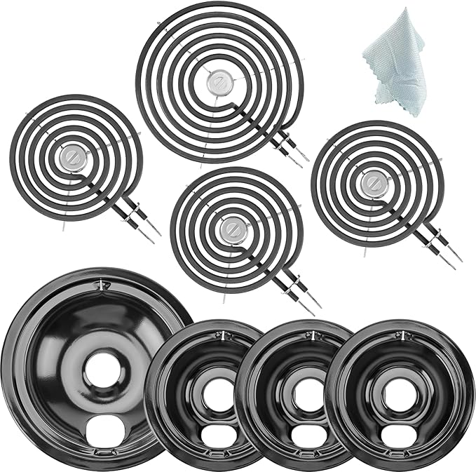 WB31M20(6") WB31M19(8") Porcelain Drip Pan Set & WB30M2(8") WB30M1(6") Electric Range Burner Element Unit Set by Cenipar-Compatible with GE Hotpoint Kenmore Range/Stove-Includes 3×6” and 1×8”