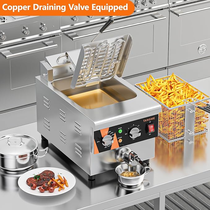 TANGME Deep Fryer with Drain Valve System, 1800w Countertop Electric Fryer 10.7Q/10L Stainless Steel Oil Fryer with Basket,Temp & Time Control