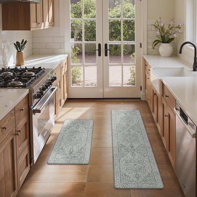 GENIMO Kitchen Mats for Floor, 2PCS Kitchen Rugs Non Slip Washable, Waterproof Anti Fatigue Mat, Comfort Standing Runner Rug for Sink, Office, Laundry, Home, 17.3"x59"+17.3"x30", Blue Grey