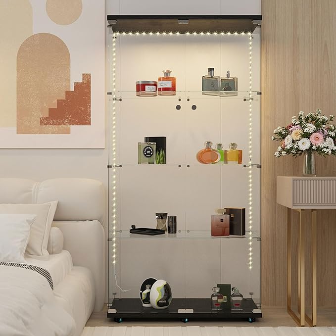 Yoluckea 4 Tiers Glass Display Cabinet with Bluetooth LED Light Strip, 2 Doors Floor Standing Curio Cabinet with Universal Wheel for Home Office Display, Black Glass Bookshelf for Collections,Wood Top