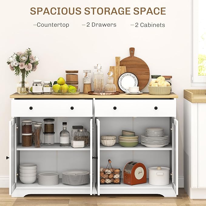 HOMCOM Sideboard Buffet Cabinet with Storage, 55" Modern Kitchen Cabinet with 4 Doors, 2 Drawers and 2 Adjustable Shelves, Coffee Bar Cabinet, White