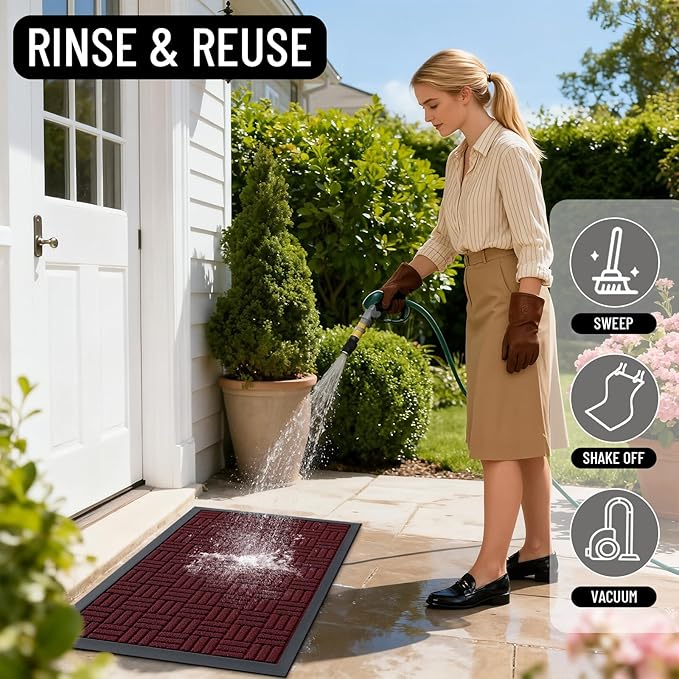 OLANLY Front Door Mat Outside Entrance 59x34, Absorbent, Heavy Duty Sturdy Natural Rubber Doormat Indoor Outdoor, Non-Slip, Stain and Fade Resistant, Low Profile Floor Mat for Entryway, Burgundy
