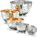 5 Pack Stainless Steel Mixing Bowls Set, Hammered Silver Finish, Nesting Design Metal Salad Bowls Set, 1.6-4.9 QT Capacity, Dishwasher Safe for Cooking, Serving, Food Containers Meal Prep Kit, No Lid