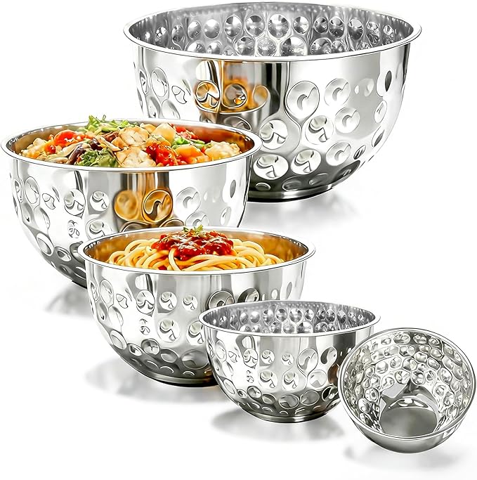 5 Pack Stainless Steel Mixing Bowls Set, Hammered Silver Finish, Nesting Design Metal Salad Bowls Set, 1.6-4.9 QT Capacity, Dishwasher Safe for Cooking, Serving, Food Containers Meal Prep Kit, No Lid