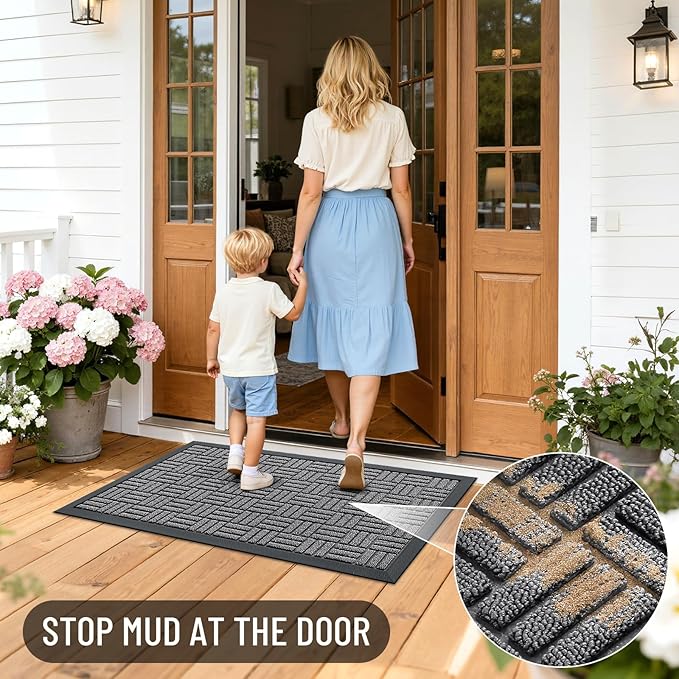OLANLY Front Door Mat Outside Entrance 71x23, Absorbent, Heavy Duty Sturdy Natural Rubber Doormat Indoor Outdoor, Stain and Fade Resistant, Non-Slip Backing Low Profile Floor Mat for Entryway, Grey