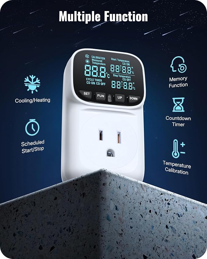 Digital Temperature Controller Outlet, 15A/1800W Heavy Duty Thermostat Plug, VA LCD Display, Heating/Cooling Control, -40°F~210°F, 4 Timer Modes, for Greenhouse Incubator Homebrew W01TC06