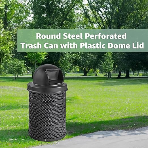 32 Gallon Perforated Recycle Container with Plastic Dome Lid, Steel Outdoor Heavy-Duty Commercial Trash Can, Black Round Waste Bin, Durable Garbage Can for Municipalities, Schools, Parks, Parking