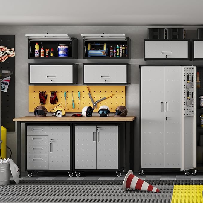 Metal Wall Cabinet,Wall Mounted Garage Cabinets with Lockable Up-Flip Door,Hanging Storage Cabinet 130 lbs Capacity,Floating Cabinet for Tool Organization in Basement,Workshop,Kitchen,Black/Grey