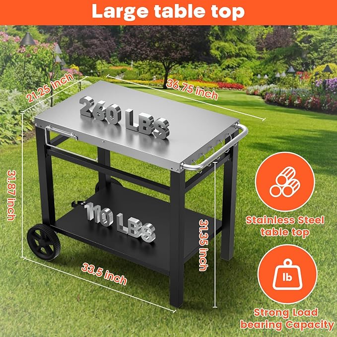 Double-Shelves Stainless Steel Flattop Grill Cart, Movable Kitchen Indoor & Outdoor Cooking Station, Fits Ninja/Ooni/Blackstone/Weber Q, Pizza Oven Food Prep Table for Party, 33.5"×21"