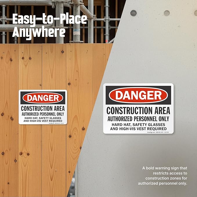 SmartSign - S-8968-AL-14 "Danger - Construction Area, Authorized Personnel Only" Sign | 10" x 14" Aluminum Black/Red on White