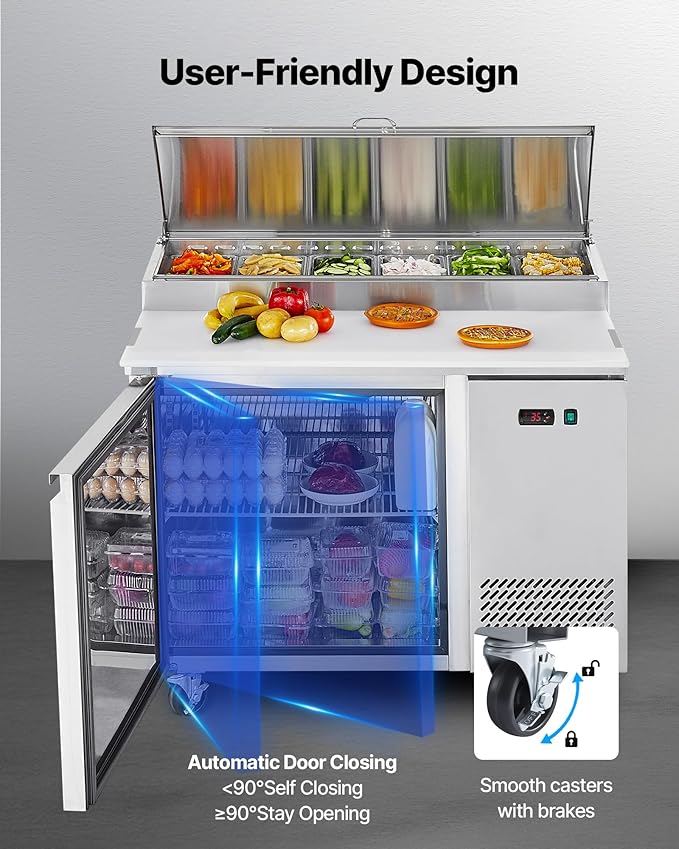 VEVOR Commercial Refrigerator, 44" W Pizza Prep Refrigerated Table, 19.3" Ultra Wide Countertop Food Prep Cooler, 11 Cu.Ft Single Door Salad Prep Fridge, 6 Pans Pizza Make Worktop with Cutting Board