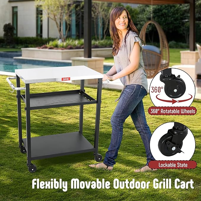 3-Shelf Grill Table, Pizza Oven Stand with Shelf, Movable Pizza Oven Grill Cart, Grill for Outside, Outdoor Bar Cart with Wheels, Stainless Steel top, L26.6xW16.1 Tabletop