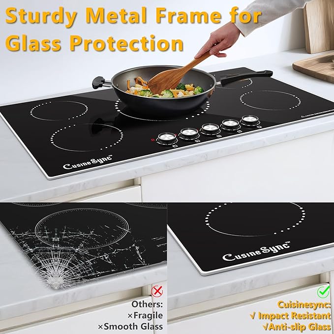 36 Inch Induction Cooktop, 5 Burner Electric Cooktop with 9 Power Levels, Knob Control, Auto shutdown and Residual Heat Warning, 9200W, 220-240V for Hard Wire