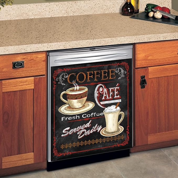 Yosa Black Dishwasher Cover Sticker Morning Coffee Decor Kitchen Refrigerator Magnet Home Coffee Tea Dishwasher Washer Panel Decal, 23x26inch( Magnetic )