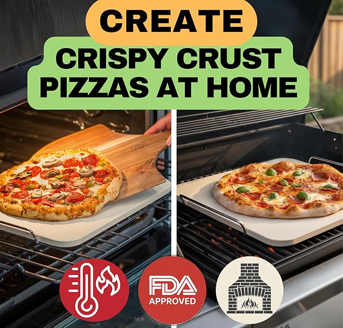 Pizza Stone for Oven and Grill Set - 5PCS Pizza Making Accessories Kit - 15 inch Pizza Stone with Handles, Pizza Peel, Pizza Cutter, Dough Tool - Baking Stone for Bread - Large Rectangular Oven Stones