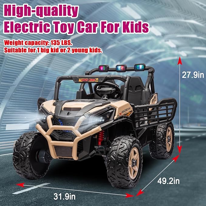24V 2 Seater Kids Ride On UTV, Battery Powered Electric Car with Remote Control, 4WD Ride On Truck, Side by Side Ride On Car with Bluetooth, Sand Yellow