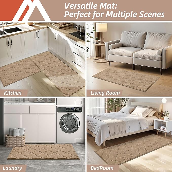 COSY HOMEER Soft Kitchen Rugs [2 PCS] for in Front of Sink Super Absorbent Kitchen Floor Mats and Mats 24x35 Inch/24X60 Non-Skid Kitchen Mat Standing Mat Washable,Polyester,Beige