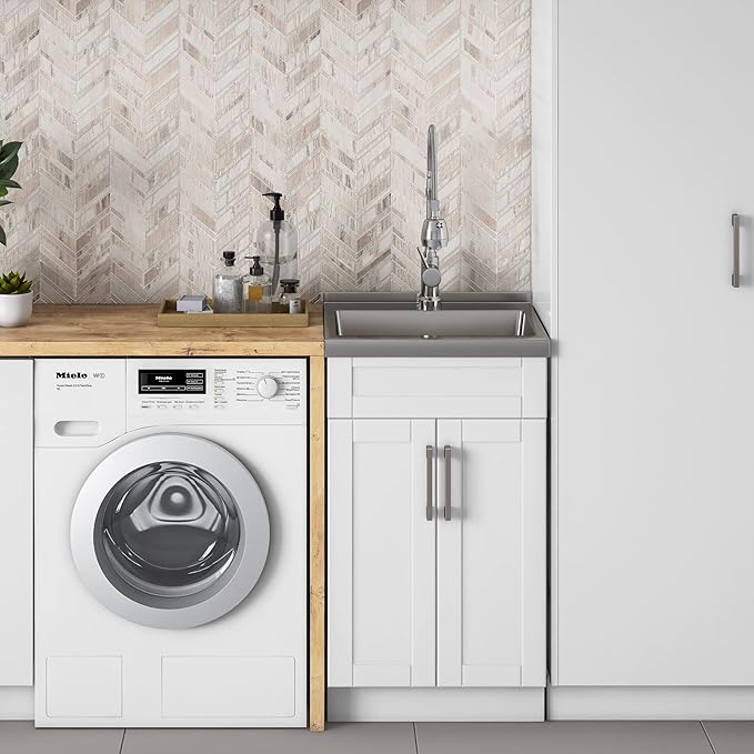 SIMPLIHOME Hennessy All-in-One 20 inch Wide Utility Sink and Laundry Cabinet in Pure White Finish, Transitional Stainless Steel Sink Cabinet for Laundry Rooms with High-Arch Chrome Faucet and Storage