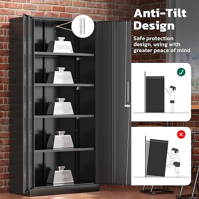 Greenvelly 72" H Metal Storage Cabinet, 32" W x 16" D Black Metal Cabinet with 2 Doors and 4 Adjustable Shelves, Locking Cabinets for Office, Home, Garage, School