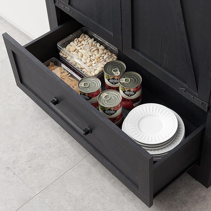 Farmhouse Kitchen Pantry Cabinet - 72" Tall Large Wood Kitchen Storage Cabinets with Adjustable Shelves & 2 Barn Doors & Drawer, Versatile Storage for Dining Room, Bathroom, Living Room, Antique Black | Large, Adjustable Shelves, 2 Barn Doors, Drawer, ...