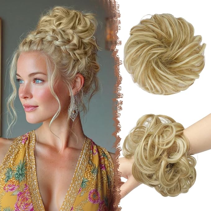FESHFEN Large Messy Bun Hair Piece - Wavy Synthetic Chignon Scrunchies Elastic Ponytail Hair Extensions Thick Hairpieces for Women, Light Ash Brown & Bleach Blonde 1.94oz