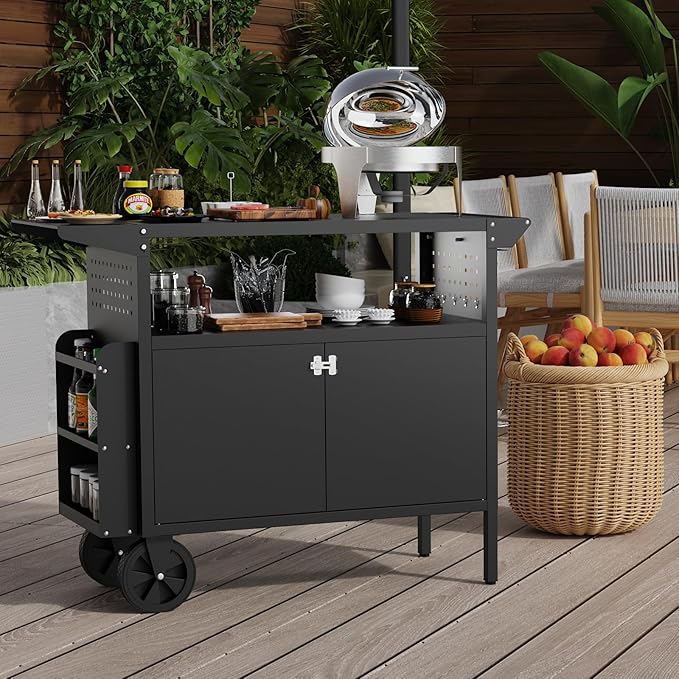 Grill Table,Outdoor Grill Cart with Storage,Outdoor Bar Cart with Wheels,Foldable Tabletop,Kitchen Island for Prep,Patio BBQ(Metal)