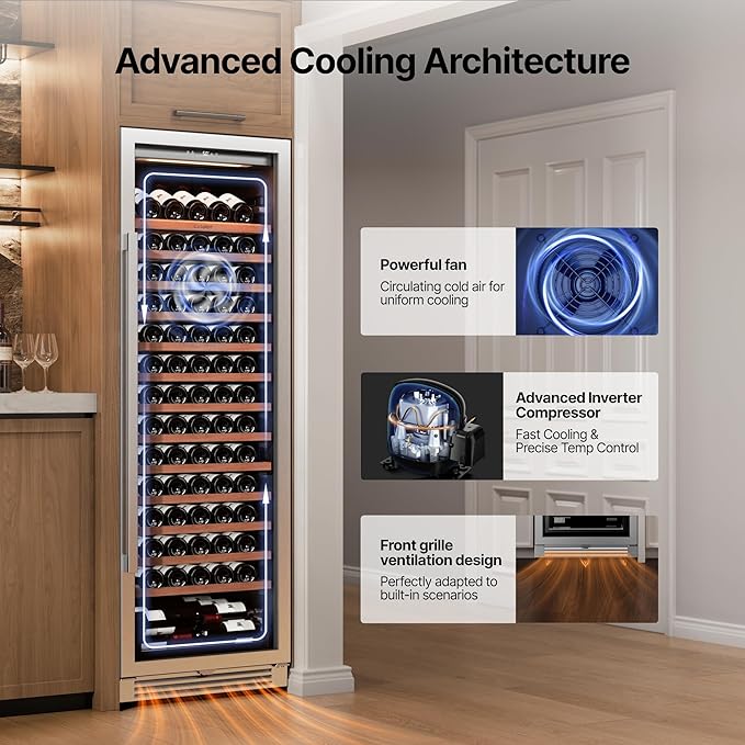 Ca'Lefort 24 Inch Wine Fridge - 166 Bottle Wine Cooler with Glass Door, 40-65°F Quiet Wine Refrigerator with Bottom Drawer 3 LED Light Built-in for Home/Bar/Kitchen Right-Hinged Door