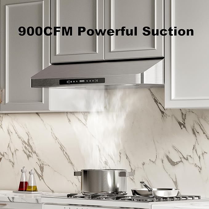 Range Hood 30inch Under Cabinet, 900CFM Kitchen Vent Hood with Gesture/Touch Control and Permanent Stainless Steel Filters, Ducted Vent, Top and Rear Vents