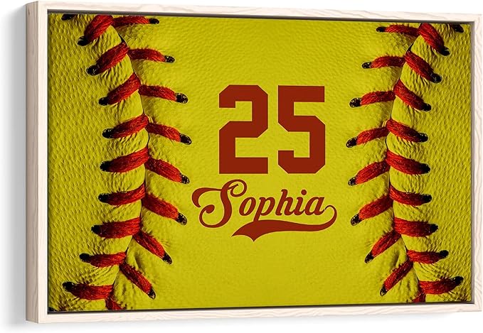 Personalized Softball Poster & Framed Canvas - Close Up Of Softball Ball Home Office Decor, Custom Name Number Bedroom Living Room Aesthetic Wall Art Gift For Daughter Girl, Women