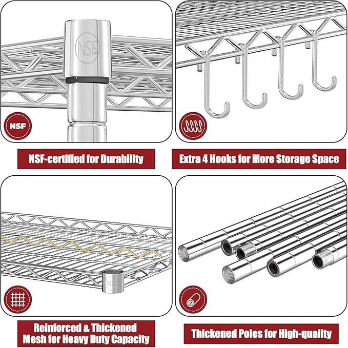 PrimeZone 5 Tier 48" Wx24''Dx81''H Wire Shelving with Wheels 3000lbs NSF Storage Shelves Heavy Duty Metal Shelf Adjustable Rolling Rack Commercial Garage Restaurant Warehouse Kitchen Chrome 8Pack