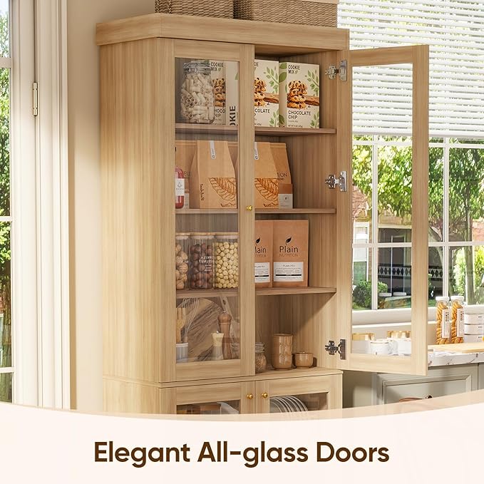 70.8" Bookshelf with Glass Doors, Farmhouse Modular Bookcase with 6-Tier Adjustable Shelves, Large Storage Cabinet for Living Room & Home Office, Set of 3, Brown
