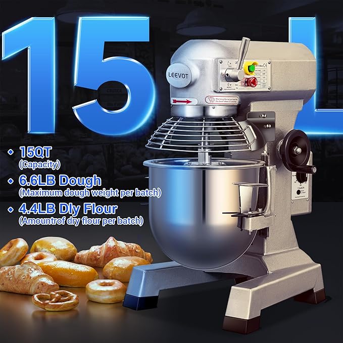 Commercial Food Mixer 15 Qt with Timing Function,600W Commercial mixers 3 Speed Adjustable,Electric Stand Commercial Dough Mixer with Stainless Steel Bowl for Bakery Pizzeria