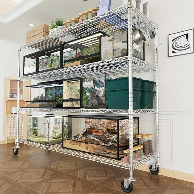 PrimeZone 4 Tier 55.5" Wx24 Dx76 H Wire Shelving with Wheels 2400lbs NSF Certified Storage Shelves Heavy Duty Metal Shelf Adjustable Rolling Rack Commercial Garage Restaurant Warehouse Chrome 2Pack