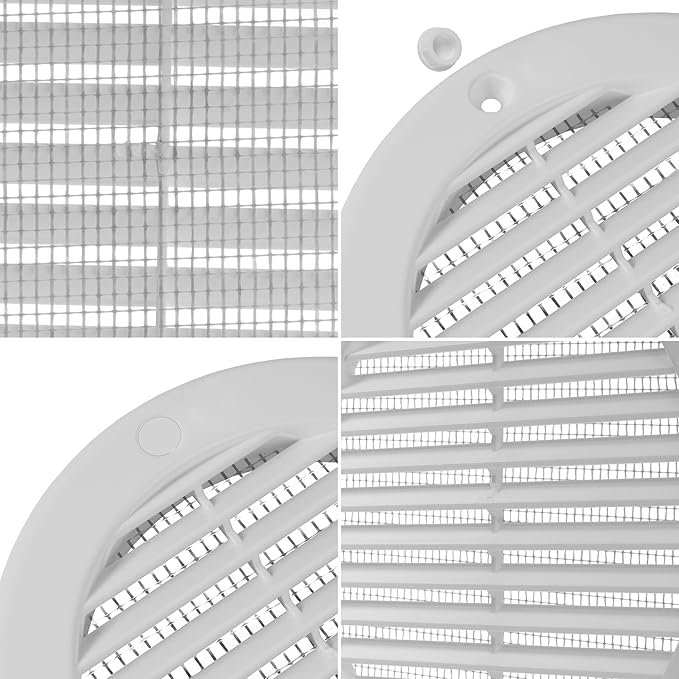 Repa Market 4 Inch (Opening) White Round Air Vent Cover - Pack of 5 Plastic Fresh Air Intake Vent - AC Cover with Nylon Mesh Screen - Wall, Ceiling HVAC Return Air Register - Modern Soffit Vents