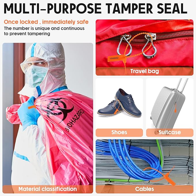 1000 Pcs Plastic Tamper Seals Fire Extinguisher Tags Security Tags Seals Safety Numbered Zip Ties Labels Safety Disposable Self Locking Signage 250 mm Length (Orange)