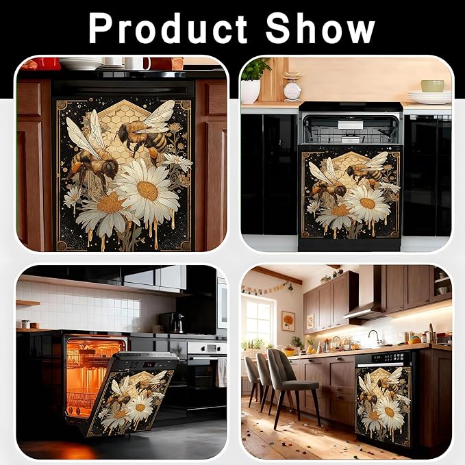 Dishwasher Magnet Cover, Creative Patterns Sticker, Dishwasher Magnetic Decoration, Refrigerator Protection Decoration, Bee and Flower, Kitchen Art Decoration 23x25.5 inches