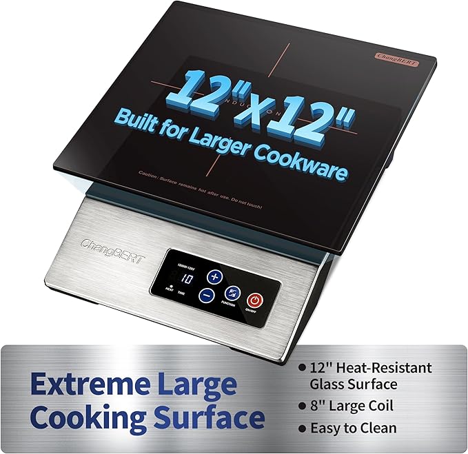 ChangBERT 1800W Commercial Grade Induction Cooktop, NSF Certified Portable Large 8" Heating Coil, 12" Heat Resistant Cooking Surface Premium Stainless Steel Pro Chef Professional Burner Hot Plate