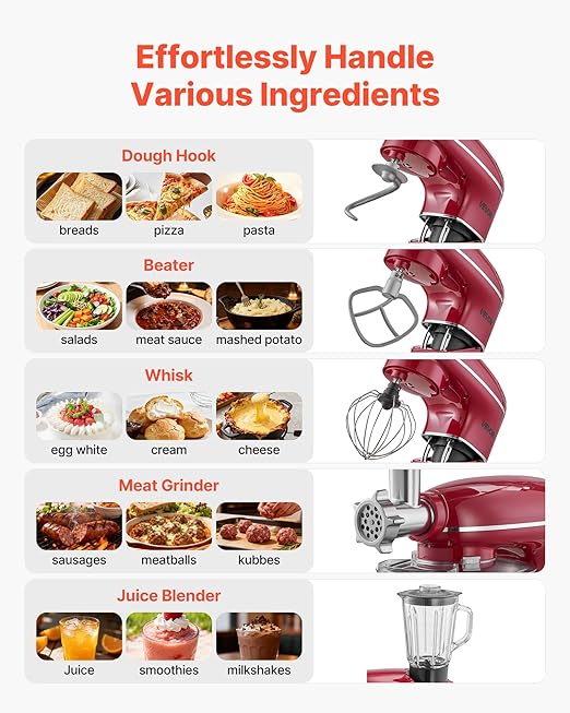 VEVOR Stand Mixer, 6 QT Electric Kitchen Mixer, 660W Dough-Mixer, 6+P Speeds Tilt-head Food-Mixer with 1.6 QT Blender Cup, Stainless Steel Bowl, Dough Hook, Whisk, Beater, for Baking, Mixing, Red