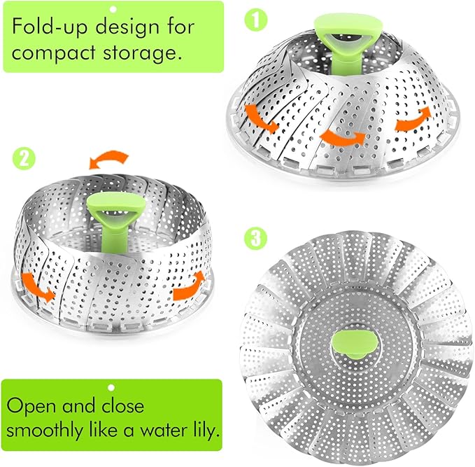 Consevisen Vegetable Steamer Basket for Cooking Food, Stainless Steel Veggie Steam Basket for Pot, Folding Expandable Steaming Insert with Extendable Handle Fits Various Size Pot, 7.1" to 11"