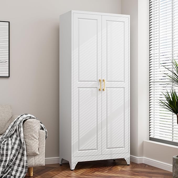 75”Tall Metal Pantry Storage Cabinet with Doors and 4 Shelves, White Kitchen Pantry Cabinet, Modern Freestanding Cupboard for Living, Dining Room, Office, Assembly Required