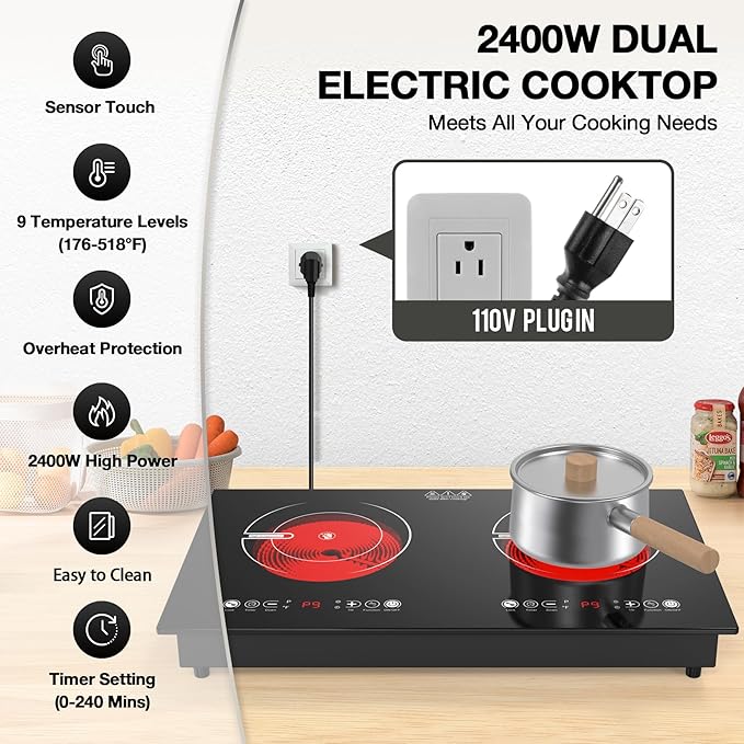 VBGK 2 Burner Electric Cooktop,110V 2400W Electric Stove Top with Touch Control,9 Heating Level,Timer & Kid Safety 2 burner cooktop.