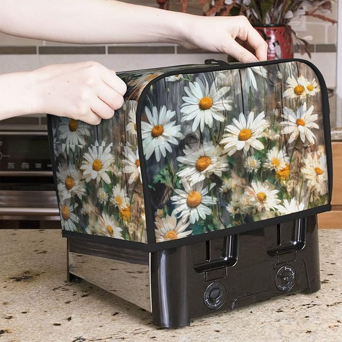 Toaster Cover 2 Slice with Pockets, Farmhouse White Daisy Nature Botanical Plant Wooden Board Kitchen Accessories Decor Bread Maker Oven Protector Covers Dust Proof Fingerprint Covers